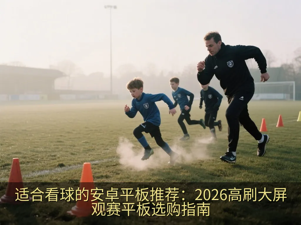 一架通用的平板电脑放置在现代客厅茶几上,屏幕上显示着绿茵足球场画面