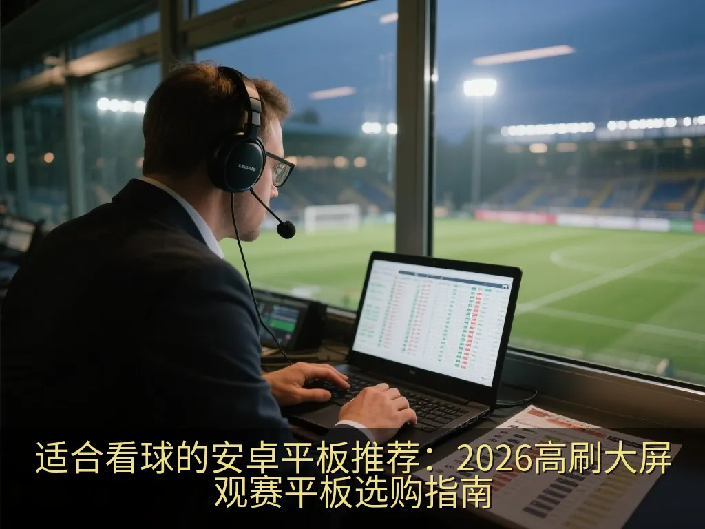 平板电脑放置在现代书桌上,屏幕上显示着绿茵场地的战术分析图表,旁边放着笔记本