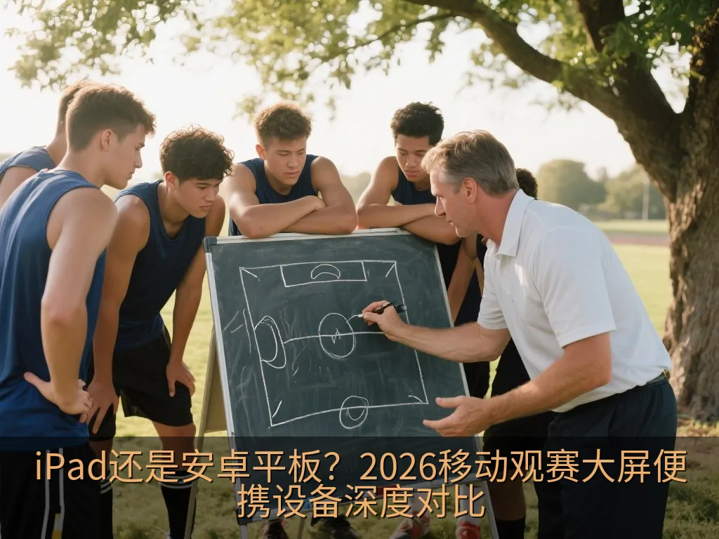 两台无标志的现代平板电脑并排显示绿茵场体育赛事的3D概念图